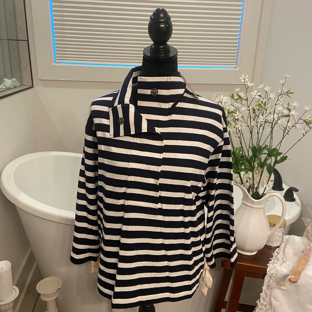 J. Crew Women’s  Navy and Cream Striped Long Sleeve with Bow - Picture 2 of 15